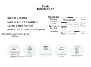 Detailed size chart and fabric composition for children's fleece-lined sweatshirt