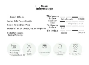 Detailed fabric chart showing material specs for girls fleece sweatshirt in cotton blend