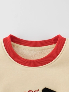 Kids warm beige sweatshirt with red ribbed neckline and cozy sherpa fleece lining