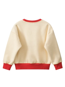 Kids long sleeve crewneck sweatshirt with cream body and red ribbed collar and cuffs