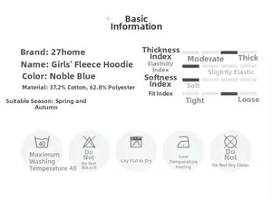 Detailed size and material chart for blue fleece-lined sweatshirt with 37% cotton fabric