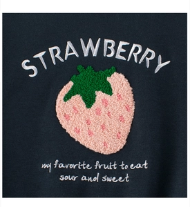 Detailed close-up of premium strawberry embroidery on navy blue fleece sweatshirt fabric