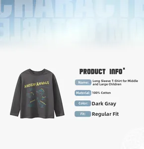 Detail view of cotton long-sleeve kids tee with dinosaur prints and size specifications