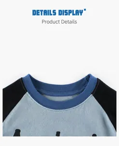 Détail du col rond côtelé et double couture sur ce t-shirt raglan en coton pour enfant