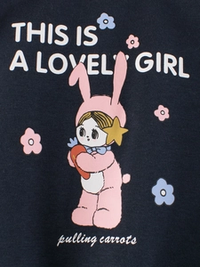 Kids navy blue fleece sweatshirt with cute rabbit girl cartoon and floral print