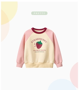 Detail of children's fleece sweatshirt featuring strawberry print and raglan sleeves