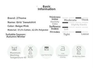 Detailed size and material specification chart for fleece-lined girl's crewneck sweatshirt
