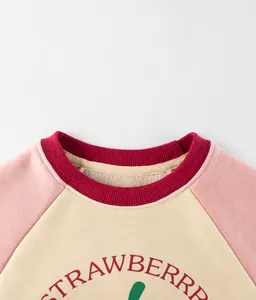 Detail of fleece lining and ribbed neckline on children's strawberry sweatshirt