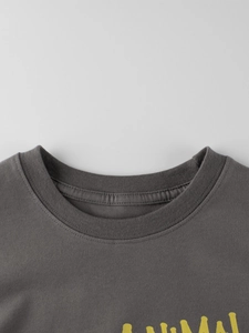 Dark grey long sleeve cotton T-shirt for boys featuring a ribbed crew neck and animal print