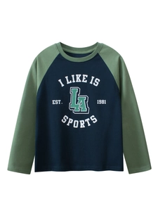 Boys Long Sleeve T-Shirt Combed Cotton Raglan Sleeve Contrast Color LA Letter Print Sporty Casual Tee For Big Kids