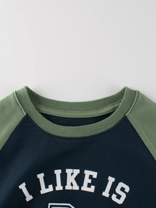Kids raglan long sleeve T-shirt with army green sleeves and navy blue I LIKE IS print