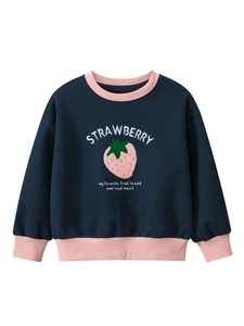 Girls Pullover Sweatshirt Fleece Lined Cotton Blend Long Sleeve Strawberry Embroidery Casual Navy Pink Contrast Tops