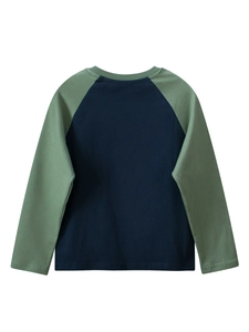 Kids raglan long sleeve T-shirt with navy body and olive green sleeves in casual style