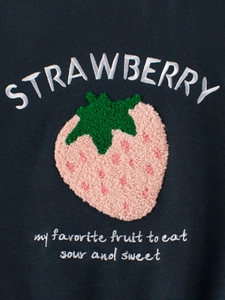 Fleece sweatshirt for girls featuring a 3D strawberry towel embroidery and sweet text