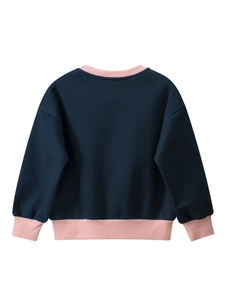Navy blue fleece sweatshirt for girls with pink ribbed cuffs shown from the back