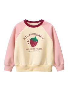Girls Strawberry Print Raglan Sleeve Sweatshirt Fleece Lined Crew Neck Cotton Blend Contrast Color Pullover