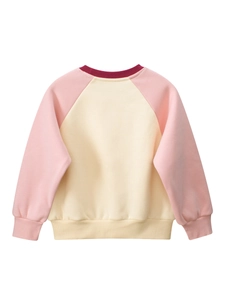 Kids long sleeve crewneck sweatshirt with yellow body and pink raglan sleeves