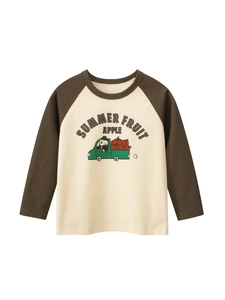 T-Shirt Maniche Lunghe Bambini 100% Cotone Raglan Colore Contrasto Cartone Animato Cane Mela Stampa Girocollo Top Ragazze Ragazzi