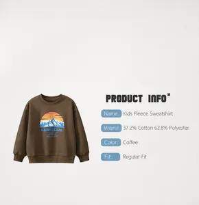 Detail of coffee brown kids fleece hoodie with landscape print and material specs