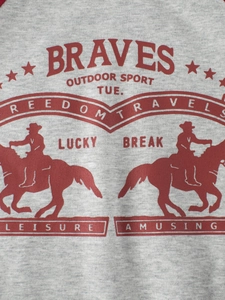 Kids grey fleece sweatshirt with vintage red Braves outdoor sports graphic print