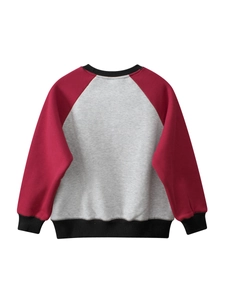 Kids long sleeve raglan sweatshirt in grey and red fleece with black ribbed cuffs