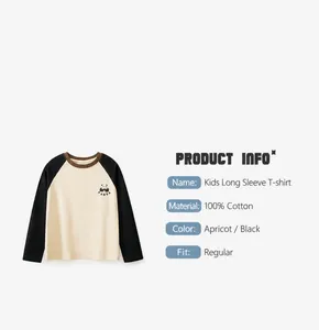 Size chart showing beige cotton long sleeve t-shirt with black panda sleeves and details