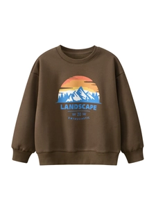 Boys Fleece Lined Sweatshirt Retro Landscape Print Crew Neck Long Sleeve Thermal Pullover Top For Kids Teens Autumn Winter