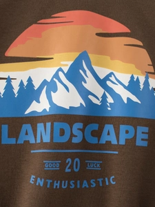 Brown fleece sweatshirt for boys with vintage mountain landscape graphic and sunset print
