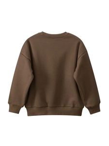 Deep brown fleece crewneck sweatshirt for boys with a warm casual loose fit and ribbed cuffs