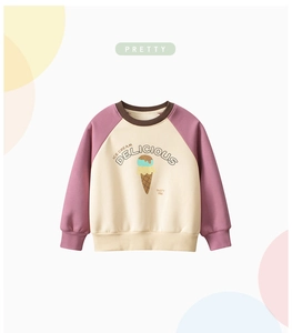 Detail of raglan sleeves and ice cream print on children fleece sweatshirt