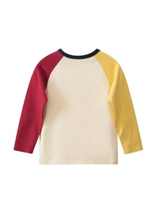 Kids long sleeve raglan T-shirt with red and yellow patchwork sleeves on white background