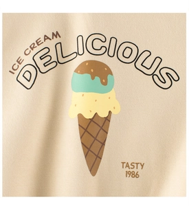 Detail of vintage double-scoop ice cream print on beige fleece kids sweatshirt