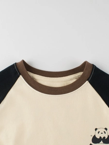 Kids long sleeve raglan T-shirt with panda print and contrast ribbed round neckline