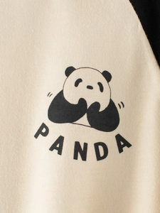 Cream long sleeve t-shirt with black raglan sleeves and cartoon panda print for kids