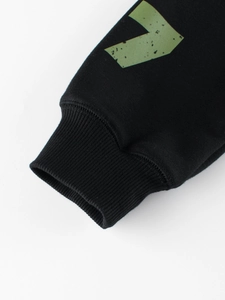 Black fleece sweatshirt featuring a ribbed cuff and vintage green arrow print on the sleeve