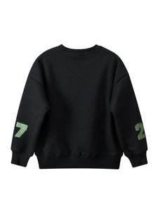 Kids black fleece sweatshirt back view with green numbers 7 and 2 on sleeves