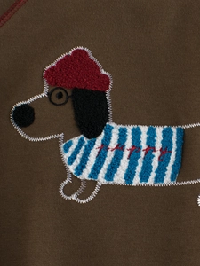 Maglione marrone in maglia per bambini con ricamo a bassotto e scritta puppy