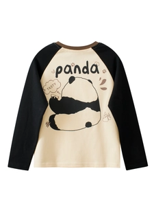 Kids long sleeve raglan t-shirt featuring a cartoon panda print on cream and black fabric