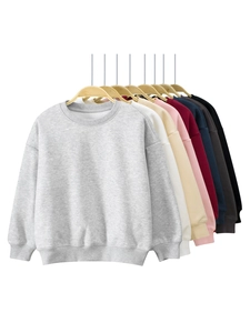 Kids Casual Fleece Lined Sweatshirt Round Neck Solid Color Long Sleeve Pullover Cotton Blend Warm Top For Boys Girls