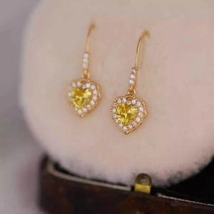 Vintage French heart drop earrings with yellow crystals and pavé diamonds in gold
