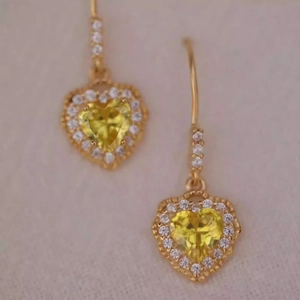 French vintage heart earrings with yellow crystal and pave crystal halo on gold plating