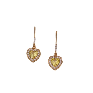 French vintage heart earrings with light yellow crystal and rose gold ear hooks