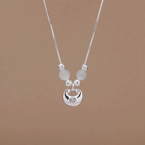 S925 silver retro style lock necklace with Fu character and white frosted beads