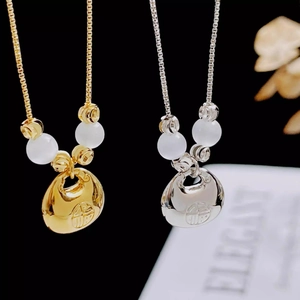 New Chinese style Fu lock necklace in gold and silver finish with white beads