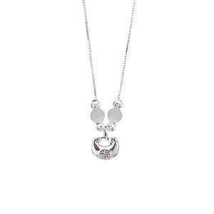 Silver Fu character pendant necklace with auspicious lock design and white bead accents