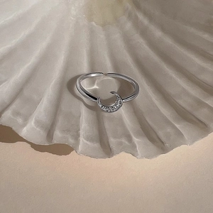 French minimalist adjustable silver ring with sparkling cubic zirconia moon decoration