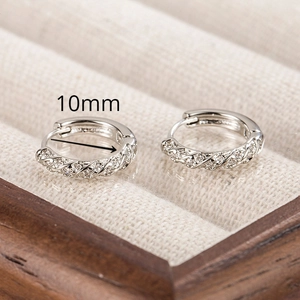 Detail view of silver crystal hoop earrings with 10mm inner diameter dimension