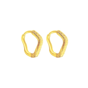 Detail of gold geometric earrings featuring dual polished and frosted texture finishes