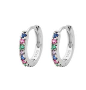 Detail view of S925 sterling silver hoop earrings with vibrant multi-color zircon stones