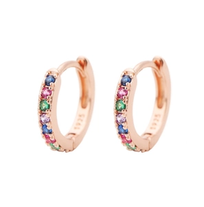 Detail of S925 sterling silver stamp on rose gold earrings with multicolor gemstones
